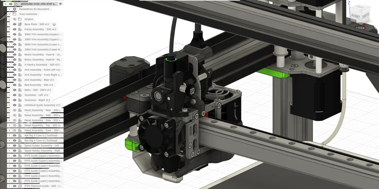 Assemblage CAO d'une imprimante 3D modélisé sur Fusion 360 : tête d'impression, chariot et rails de guidage