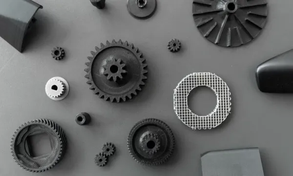 Pièces imprimées en 3D en filament noir et gris sur fond gris : engrenages, hélice et disque à remplissage en treillis