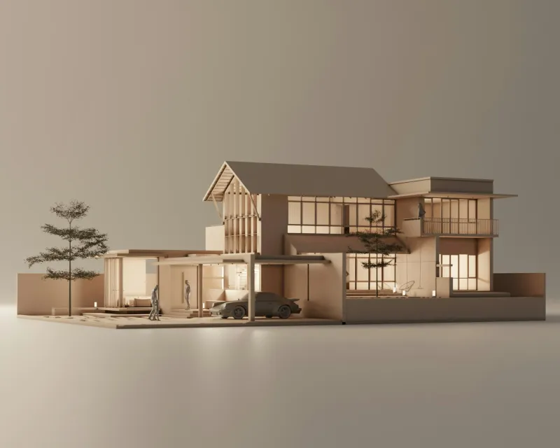 Maquette architecturale en coupe d'une maison, rendu 3D