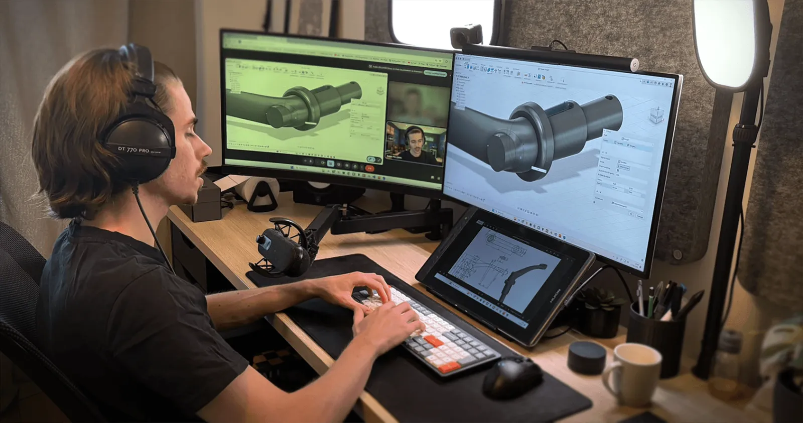 Robin Pellerin en session de conception CAO sur Fusion 360, en visioconférence avec un client